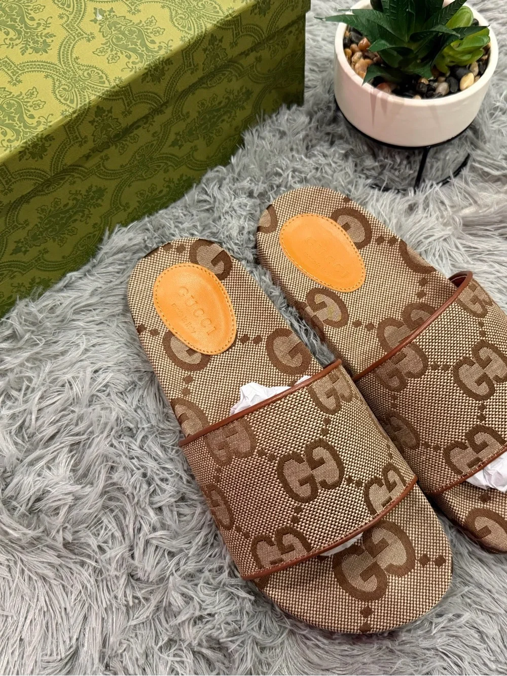 Gucci Brown Monogram Canvas Slide Sandals with Tan Insole Accents